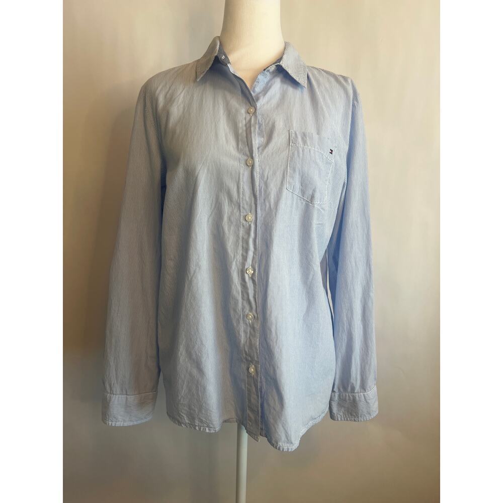 Tommy Hilfiger Women's Cotton Pinstripe Button-Down Shirt Blue White Size Large